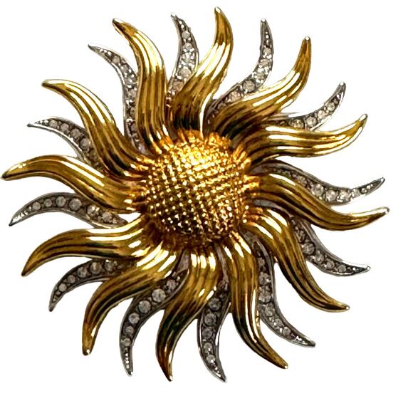 Kenneth Jay Lane KJL Gold and Silver Tone Rhinestone Kinetic Sunflower Brooch - Picture 1 of 11